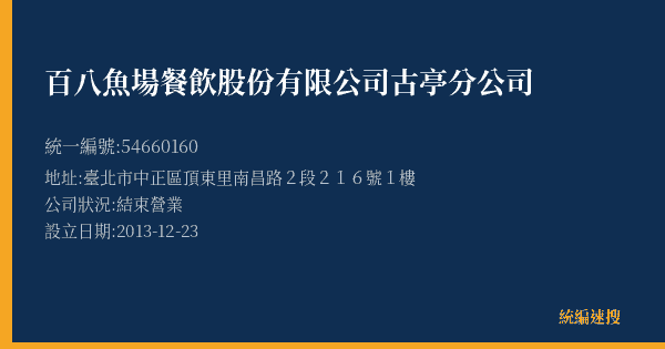 百八魚場餐飲股份有限公司古亭分公司的照片-統編 54660160(臺北市) 公司登記資料與營業項目詳細圖表