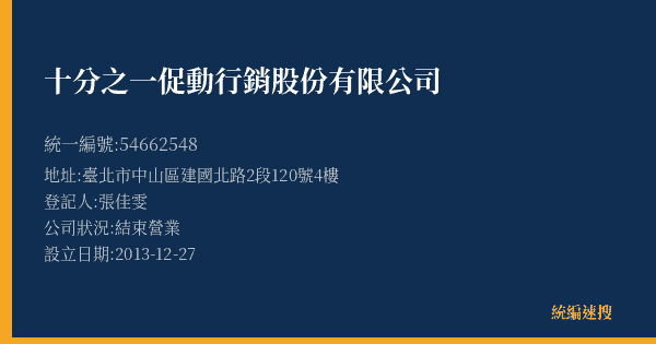 十分之一促動行銷股份有限公司的照片-統編 54662548(臺北市) 公司登記資料與營業項目詳細圖表