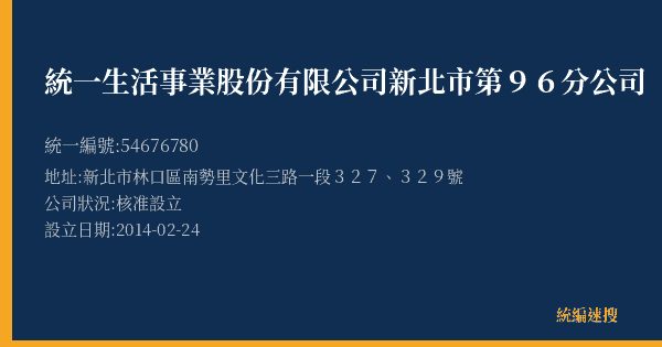 統一生活事業股份有限公司新北市第96分公司的照片-統編 54676780(新北市) 公司登記資料與營業項目詳細圖表