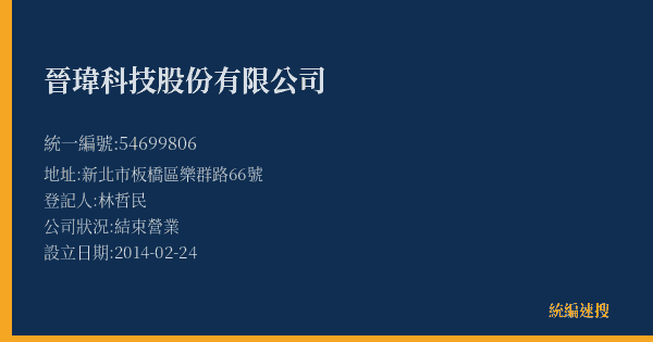 晉瑋科技股份有限公司的照片-統編 54699806(新北市) 公司登記資料與營業項目詳細圖表