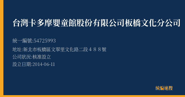 台灣卡多摩嬰童館股份有限公司板橋文化分公司的照片-統編 54725993(新北市) 公司登記資料與營業項目詳細圖表