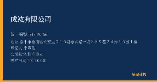 成竑有限公司的照片-統編 54749566(臺中市) 公司登記資料與營業項目詳細圖表