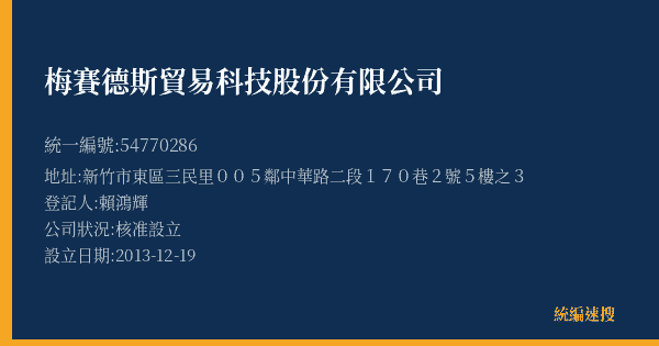 梅賽德斯貿易科技股份有限公司的照片-統編 54770286(新竹市) 公司登記資料與營業項目詳細圖表