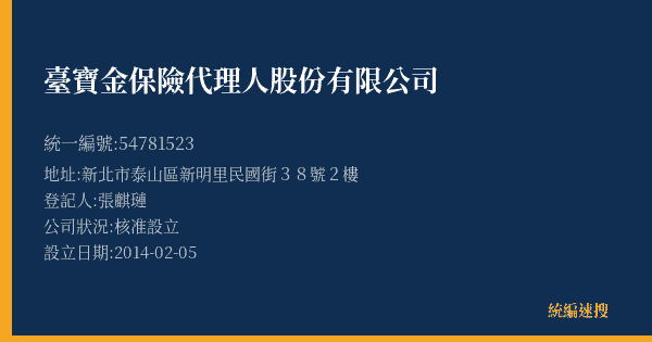 臺寶金保險代理人股份有限公司的照片-統編 54781523(新北市) 公司登記資料與營業項目詳細圖表