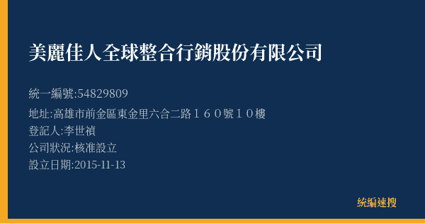 美麗佳人全球整合行銷股份有限公司的照片-統編 54829809(高雄市) 公司登記資料與營業項目詳細圖表