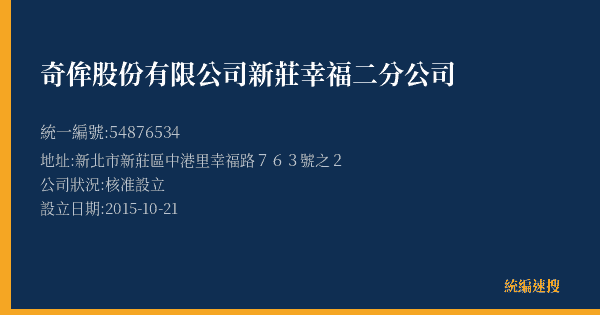 奇侔股份有限公司新莊幸福二分公司的照片-統編 54876534(新北市) 公司登記資料與營業項目詳細圖表