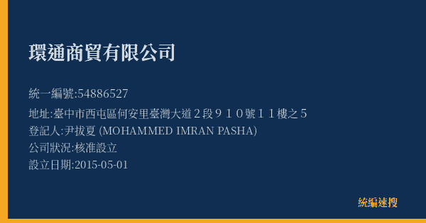 環通商貿有限公司的照片-統編 54886527(臺中市) 公司登記資料與營業項目詳細圖表