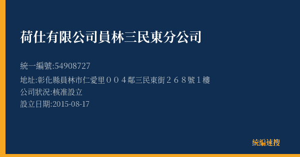荷仕有限公司員林三民東分公司的照片-統編 54908727(彰化縣) 公司登記資料與營業項目詳細圖表