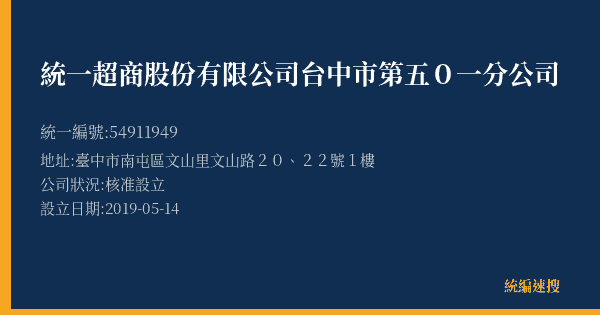 統一超商股份有限公司台中市第五0一分公司的照片-統編 54911949(臺中市) 公司登記資料與營業項目詳細圖表