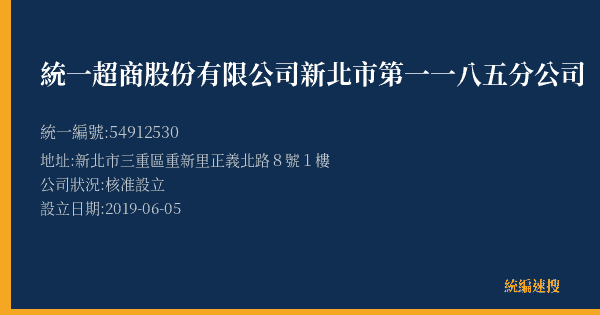 統一超商股份有限公司新北市第一一八五分公司的照片-統編 54912530(新北市) 公司登記資料與營業項目詳細圖表