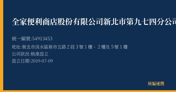 全家便利商店股份有限公司新北市第九七四分公司的照片-統編 54913453(新北市) 公司登記資料與營業項目詳細圖表