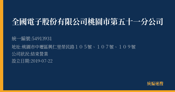 全國電子股份有限公司桃園市第五十一分公司的照片-統編 54913931(桃園市) 公司登記資料與營業項目詳細圖表