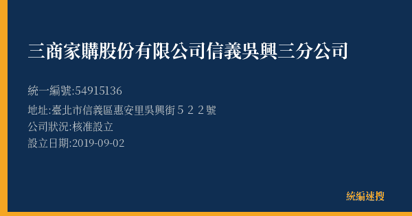 三商家購股份有限公司信義吳興三分公司的照片-統編 54915136(臺北市) 公司登記資料與營業項目詳細圖表