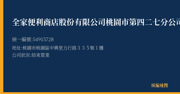 全家便利商店股份有限公司桃園市第四二七分公司的照片-統編 54915728(桃園市) 公司登記資料與營業項目詳細圖表