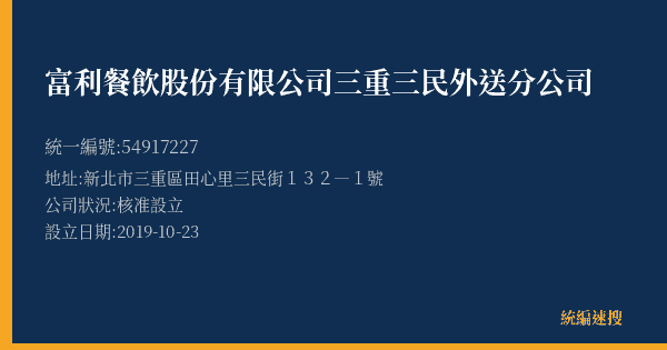 富利餐飲股份有限公司三重三民外送分公司的照片-統編 54917227(新北市) 公司登記資料與營業項目詳細圖表
