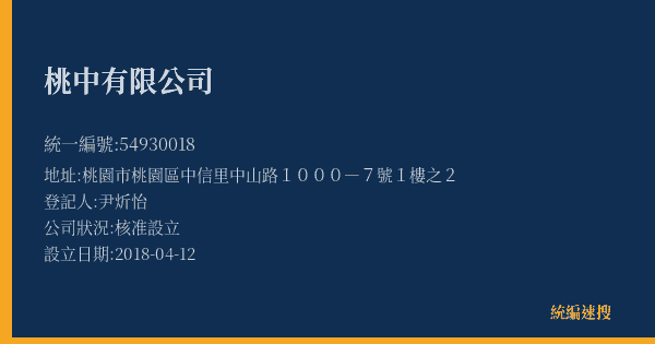 桃中有限公司的照片-統編 54930018(桃園市) 公司登記資料與營業項目詳細圖表