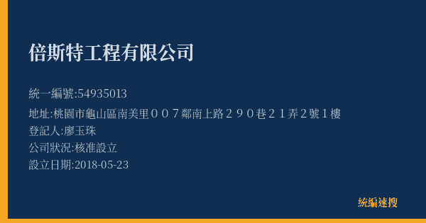 倍斯特工程有限公司的照片-統編 54935013(桃園市) 公司登記資料與營業項目詳細圖表