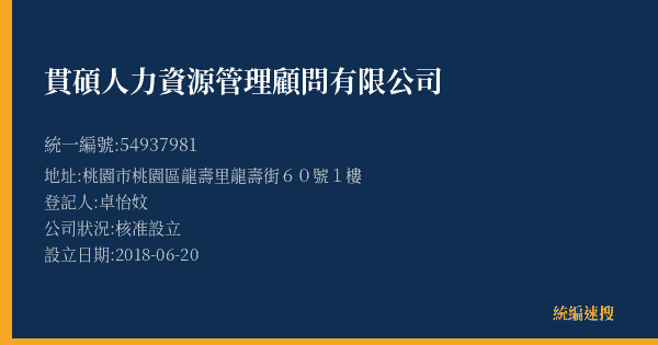 貫碩人力資源管理顧問有限公司的照片-統編 54937981(桃園市) 公司登記資料與營業項目詳細圖表