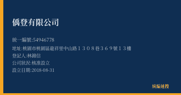 偊登有限公司的照片-統編 54946778(桃園市) 公司登記資料與營業項目詳細圖表