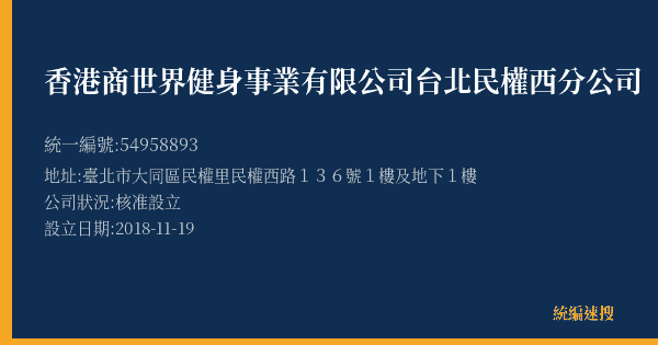 香港商世界健身事業有限公司台北民權西分公司的照片-統編 54958893(臺北市) 公司登記資料與營業項目詳細圖表