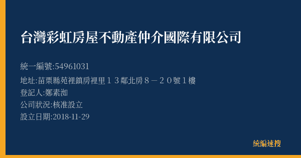 台灣彩虹房屋不動產仲介國際有限公司的照片-統編 54961031(苗栗縣) 公司登記資料與營業項目詳細圖表