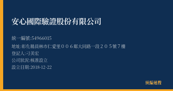 安心國際驗證股份有限公司的照片-統編 54966015(彰化縣) 公司登記資料與營業項目詳細圖表