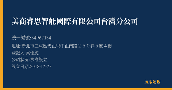 美商睿思智能國際有限公司台灣分公司的照片-統編 54967154(新北市) 公司登記資料與營業項目詳細圖表