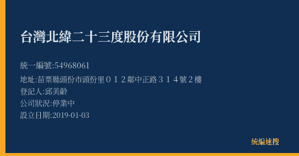 台灣北緯二十三度股份有限公司的照片-統編 54968061(苗栗縣) 公司登記資料與營業項目詳細圖表