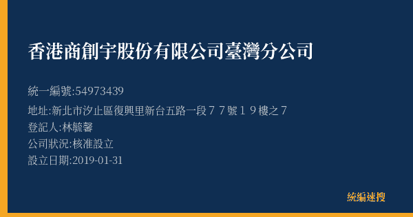 香港商創宇股份有限公司臺灣分公司的照片-統編 54973439(新北市) 公司登記資料與營業項目詳細圖表