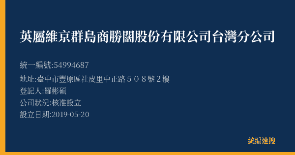 英屬維京群島商勝闊股份有限公司台灣分公司的照片-統編 54994687(臺中市) 公司登記資料與營業項目詳細圖表