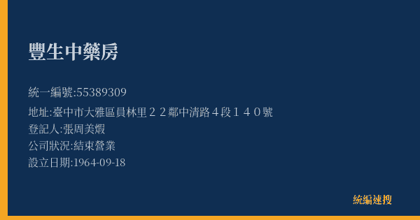 豐生中藥房的照片-統編 55389309(臺中市) 公司登記資料與營業項目詳細圖表