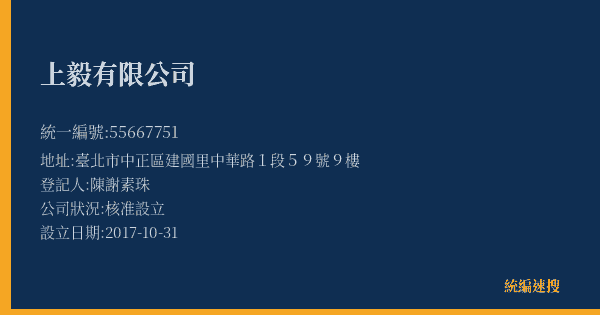 上毅有限公司的照片-統編 55667751(臺北市) 公司登記資料與營業項目詳細圖表