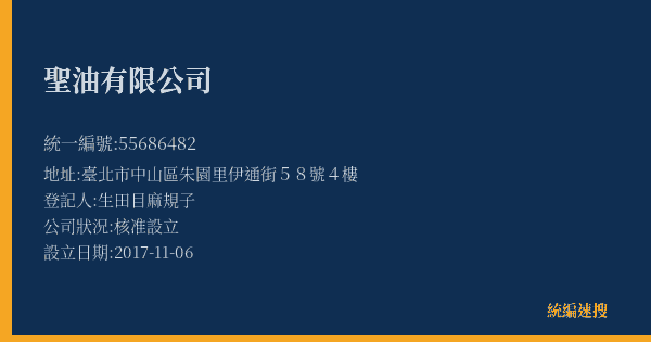 聖油有限公司的照片-統編 55686482(臺北市) 公司登記資料與營業項目詳細圖表