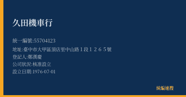 久田機車行的照片-統編 55704123(臺中市) 公司登記資料與營業項目詳細圖表