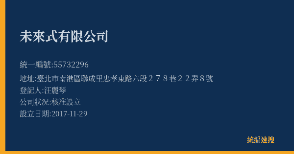 未來式有限公司的照片-統編 55732296(臺北市) 公司登記資料與營業項目詳細圖表