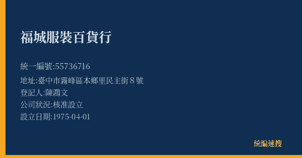 福城服裝百貨行的照片-統編 55736716(臺中市) 公司登記資料與營業項目詳細圖表