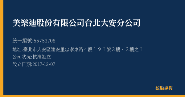 美樂迪股份有限公司台北大安分公司的照片-統編 55753708(臺北市) 公司登記資料與營業項目詳細圖表