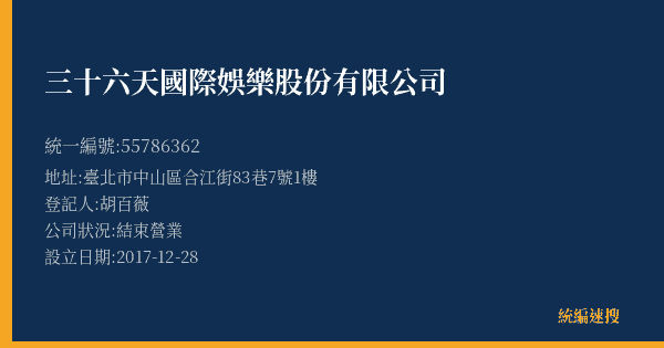 三十六天國際娛樂股份有限公司的照片-統編 55786362(臺北市) 公司登記資料與營業項目詳細圖表
