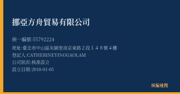 挪亞方舟貿易有限公司的照片-統編 55792224(臺北市) 公司登記資料與營業項目詳細圖表