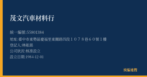 茂文汽車材料行的照片-統編 55801384(臺中市) 公司登記資料與營業項目詳細圖表