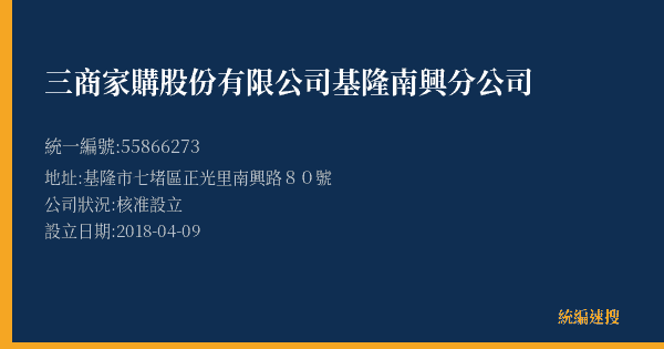 三商家購股份有限公司基隆南興分公司的照片-統編 55866273(基隆市) 公司登記資料與營業項目詳細圖表