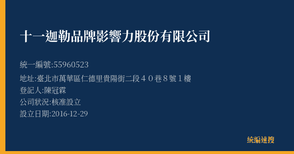 十一迦勒品牌影響力股份有限公司的照片-統編 55960523(臺北市) 公司登記資料與營業項目詳細圖表