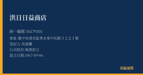 洪日日益商店的照片-統編 56179301(臺中市) 公司登記資料與營業項目詳細圖表