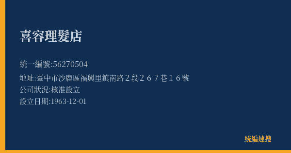 喜容理髮店的照片-統編 56270504(臺中市) 公司登記資料與營業項目詳細圖表