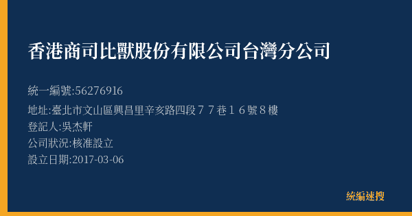 香港商司比獸股份有限公司台灣分公司的照片-統編 56276916(臺北市) 公司登記資料與營業項目詳細圖表
