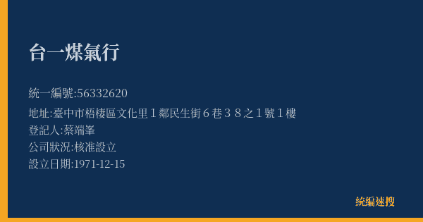 台一煤氣行的照片-統編 56332620(臺中市) 公司登記資料與營業項目詳細圖表