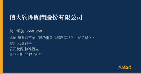 信大管理顧問股份有限公司的照片-統編 56681268(苗栗縣) 公司登記資料與營業項目詳細圖表