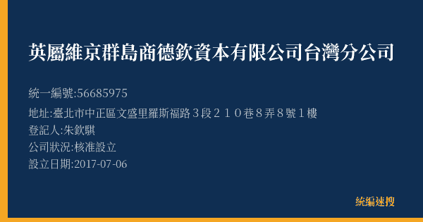 英屬維京群島商德欽資本有限公司台灣分公司的照片-統編 56685975(臺北市) 公司登記資料與營業項目詳細圖表