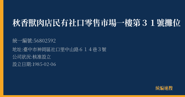 秋香獸肉店民有社口零售市場一樓第31號攤位的照片-統編 56802592(臺中市) 公司登記資料與營業項目詳細圖表