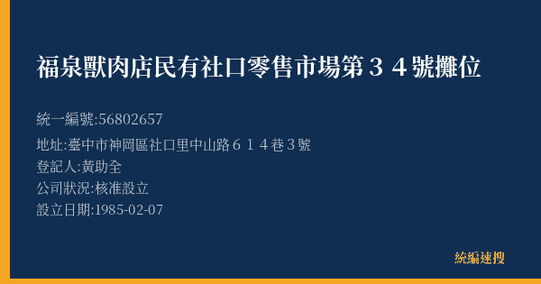 福泉獸肉店民有社口零售市場第34號攤位的照片-統編 56802657(臺中市) 公司登記資料與營業項目詳細圖表